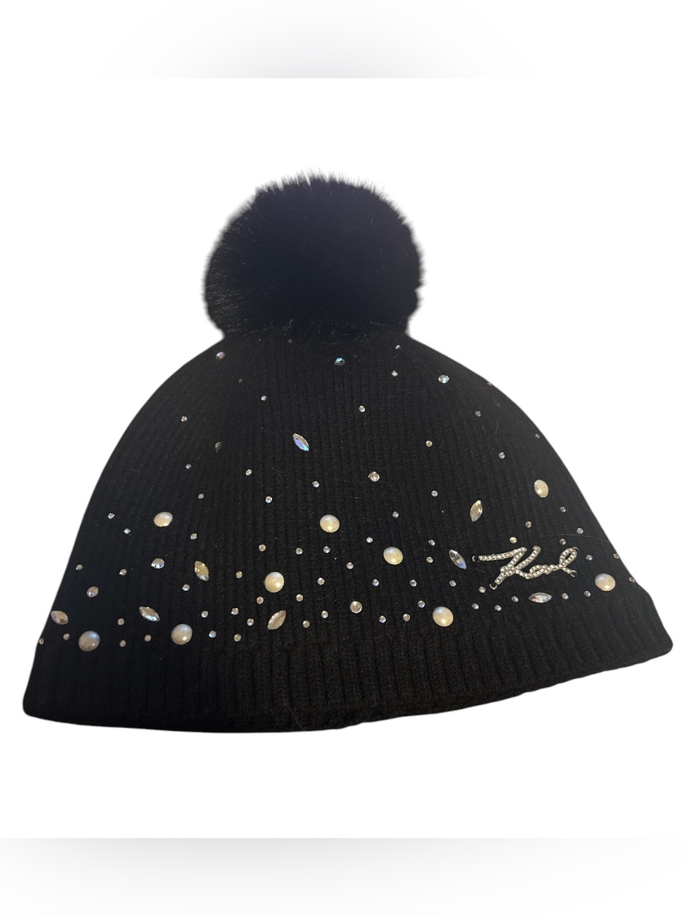 Karl Lagerfeld Black womens  Pom-Pom Beanie with Crystal and Pearl Accents